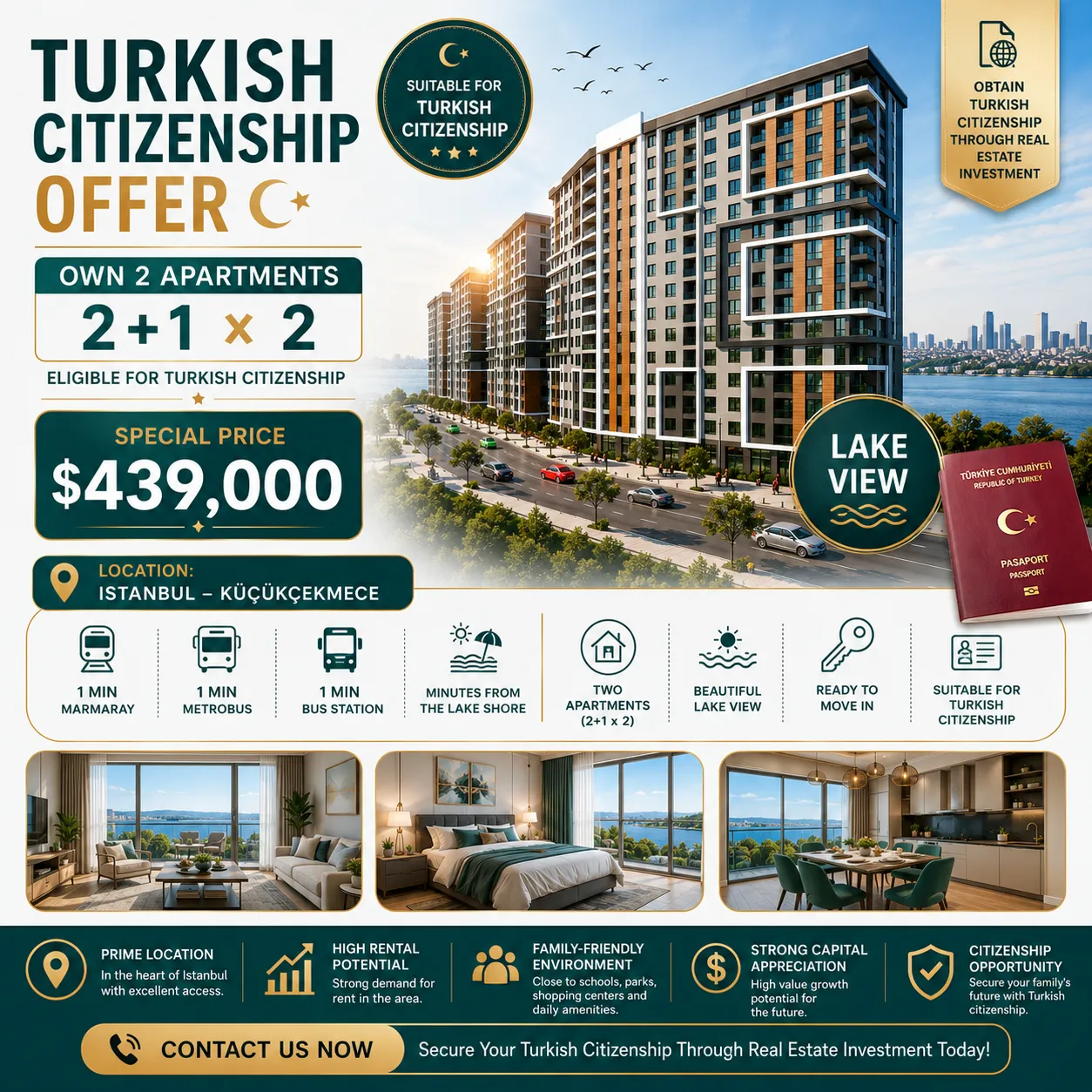 Turkish Citizenship Offer in Istanbul – Own 2 Apartments with Lake View